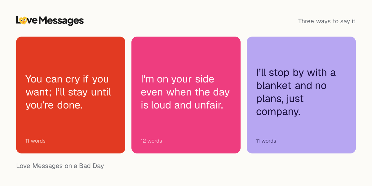 Three messages from this collection, each shown on a coloured card with its word count