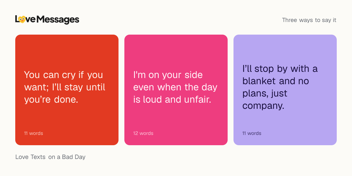 Three messages from this collection, each shown on a coloured card with its word count