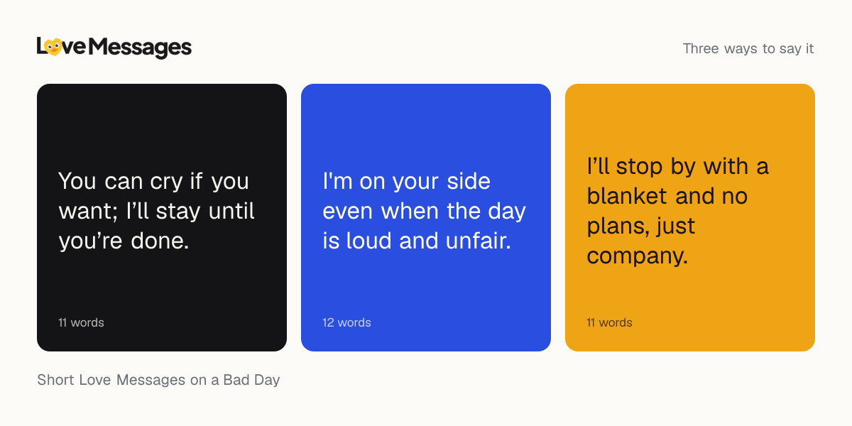 Three messages from this collection, each shown on a coloured card with its word count