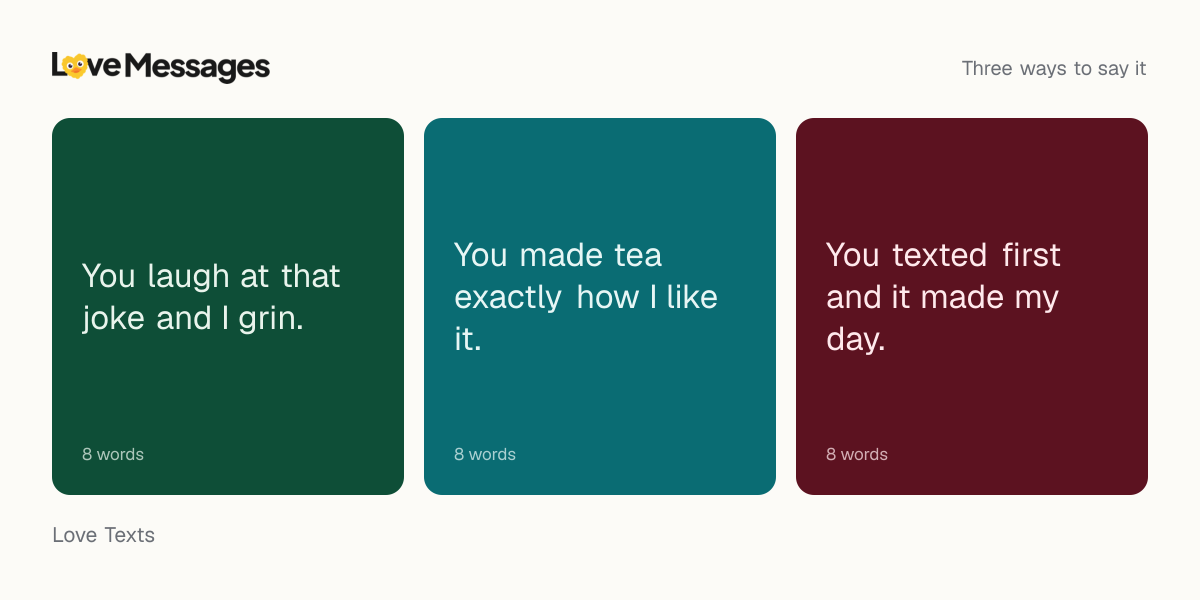 Three messages from this collection, each shown on a coloured card with its word count